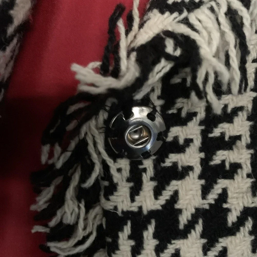 VTG Harve Benard Black White Houndstooth Coat Fringe Front Wool Holiday Money 14 - Picture 10 of 13
